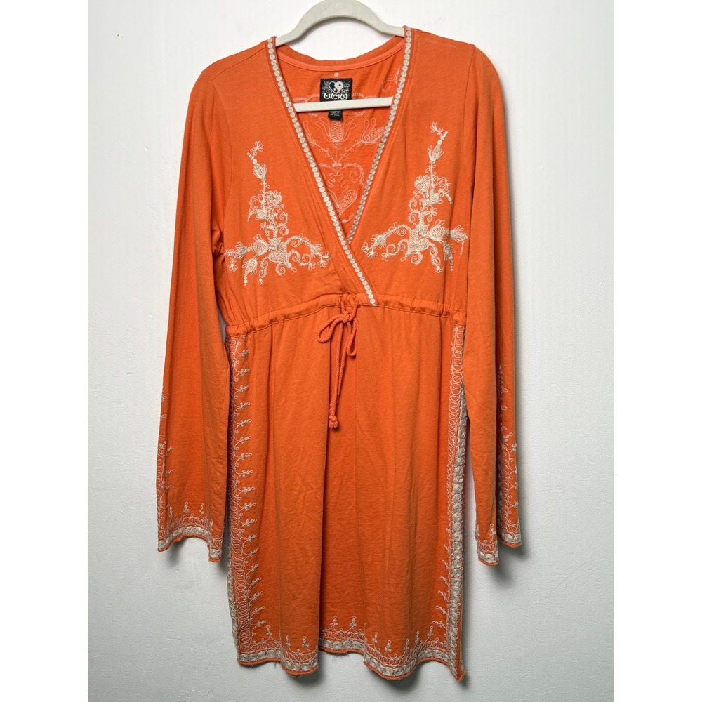 Lucky Brand Orange Embroidered Boho Tunic Dress Long Sleeve XL Cotton V-Neck